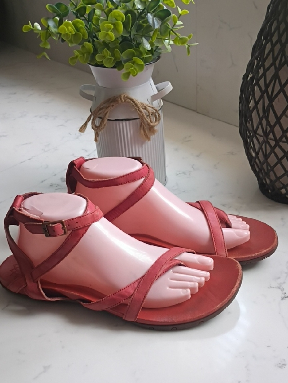 CHACO Leather Women's Red Strappy Ankle-Wrap Sandals
